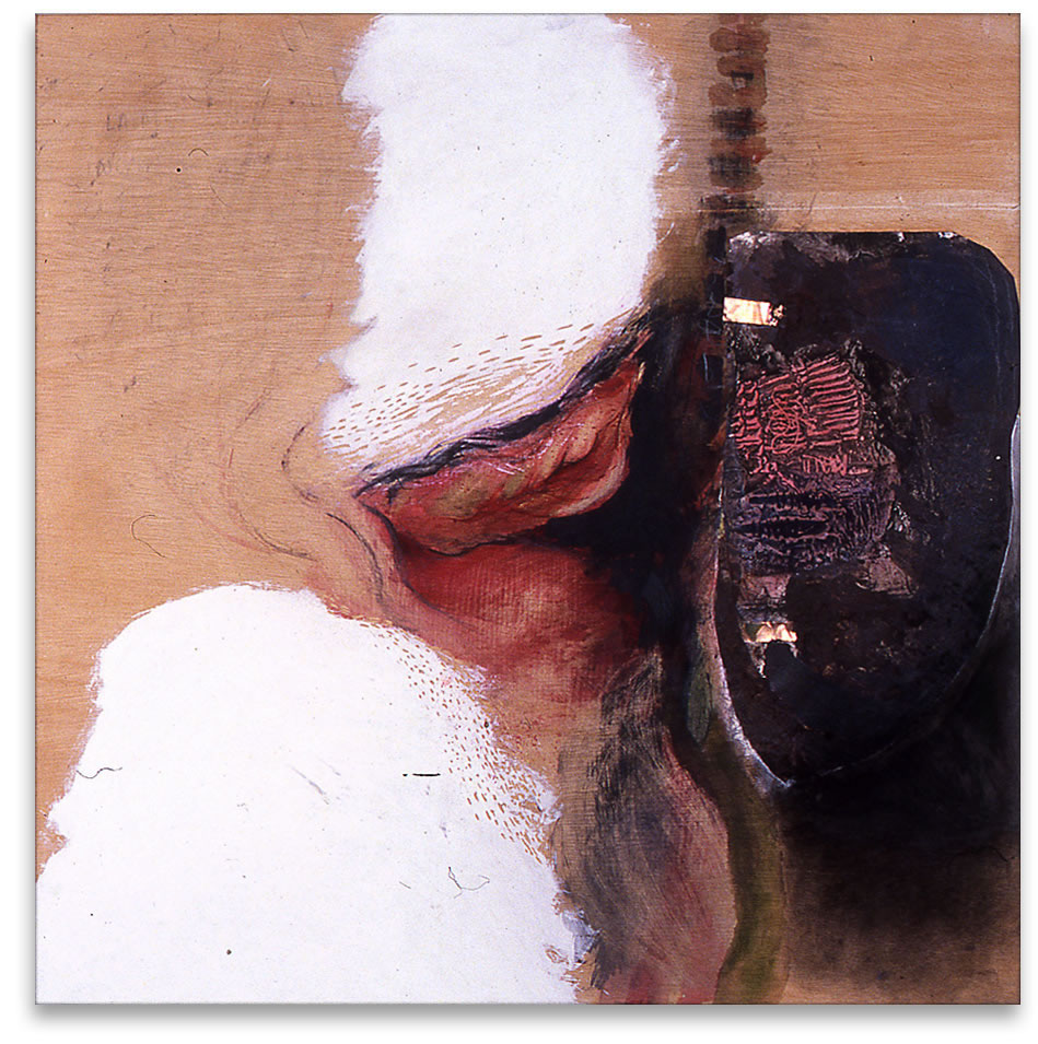 Peinture de Lucienne Cornet / Pigments, papier collé et cuivre sur bois / 90 x 90 cm